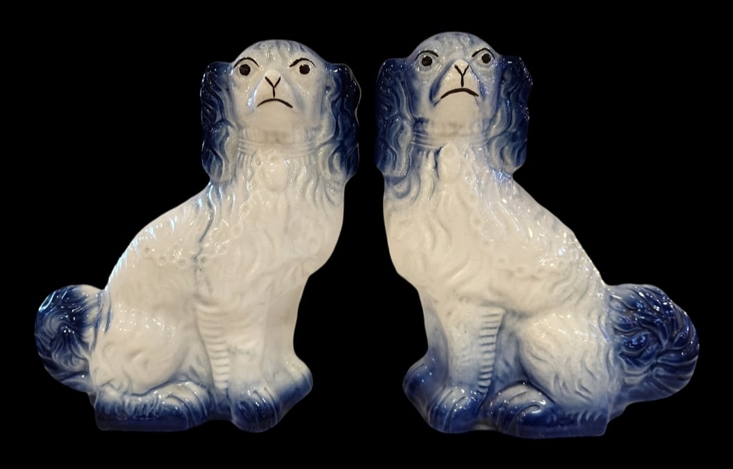 Pair of Vintage ARTHUR WOOD ROYAL CROWNFORD IRONSTONE Staffordshire Dogs: Very good vintage condition with minor wear according to age. Each measures approx. 11 1/4" tall x 10" wide x 4 1/2" deep. Both pieces are marked.