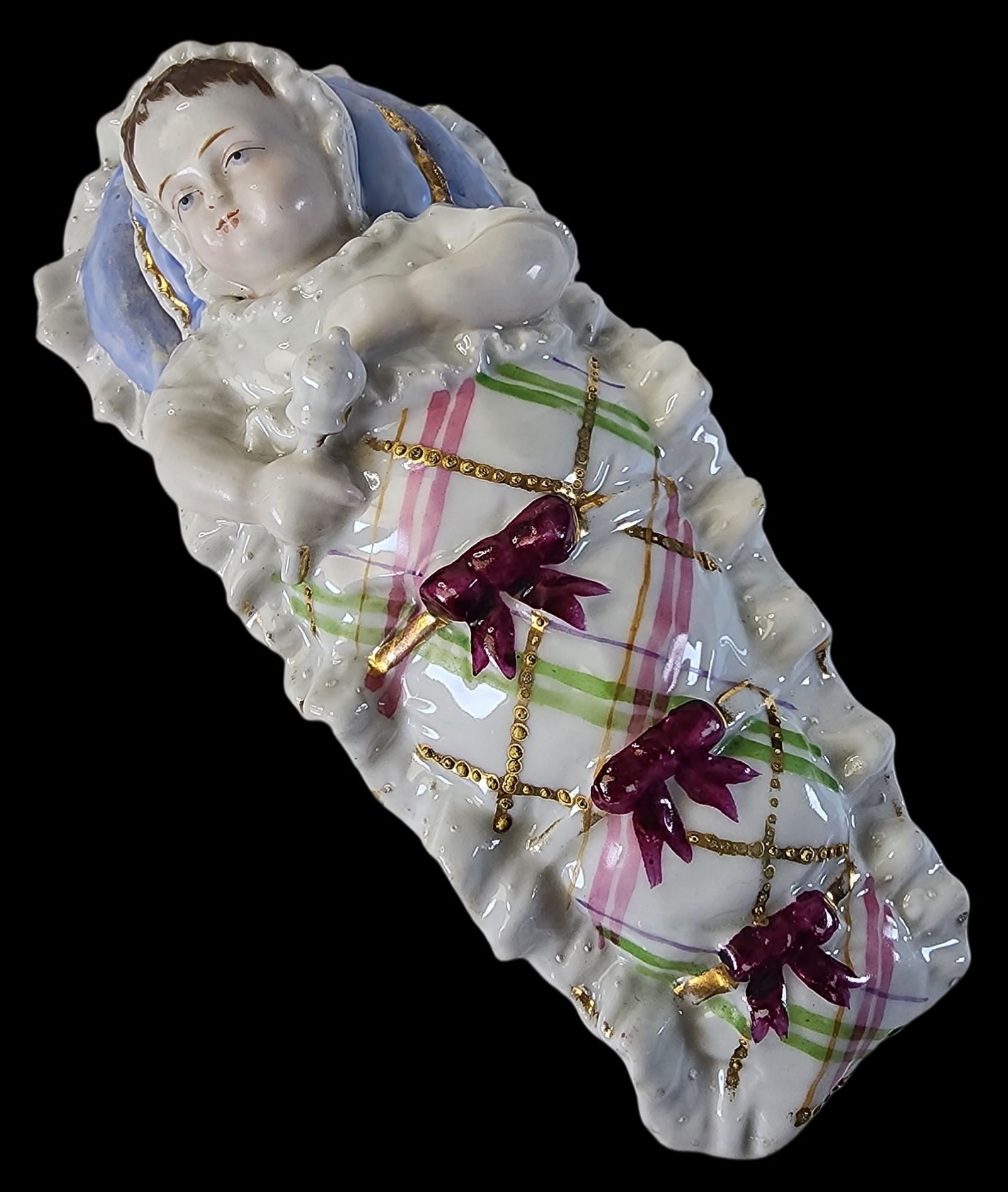 Antique ca. 1870 European Porcelain Lidded Trinket Box /w Baby in Crib (1 of 10)