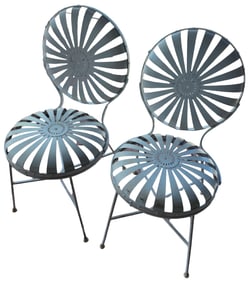 Set of 2 Antique French FRANCOIS CARRE Strap Iron Sunburst Garden Chairs