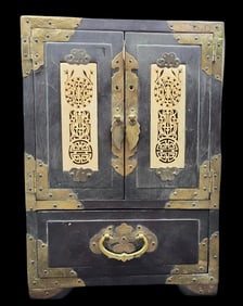 Vintage Handmade Chinese Wood & Carved Bone Jewelry Chest / Box