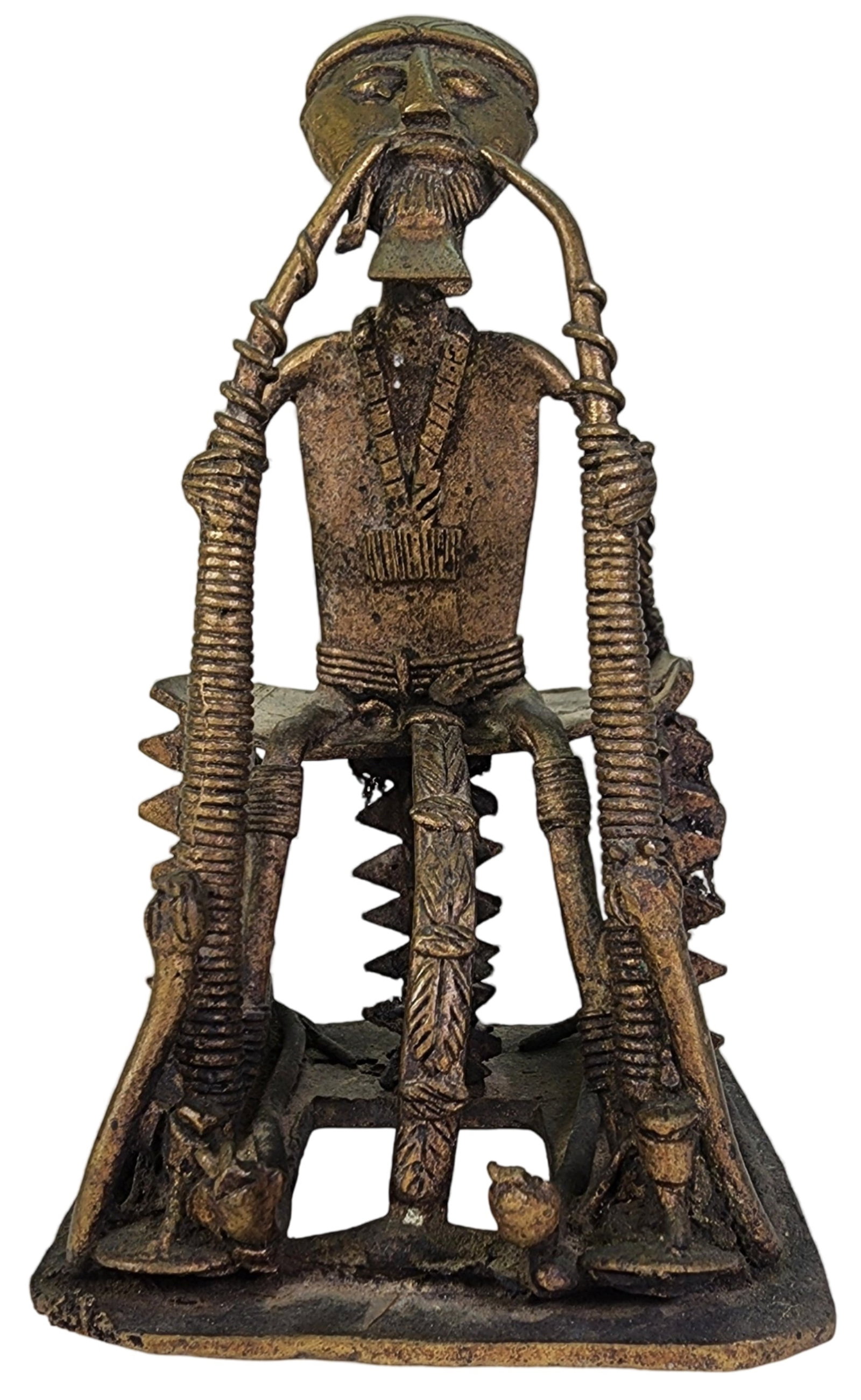 Antique African Cast Brass Sculpture of a Warrior on the "Throne": Very unusual piece in very good antique condition with some patina according to age. Measures approx. 3 3/4" high x 3" wide x 3 1/2" long.