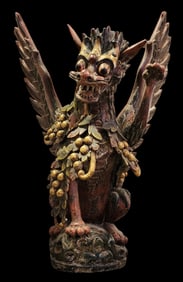 Antique Hand Carved Balinese Singa Bersayap Polychrome Lion Wood Sculpture