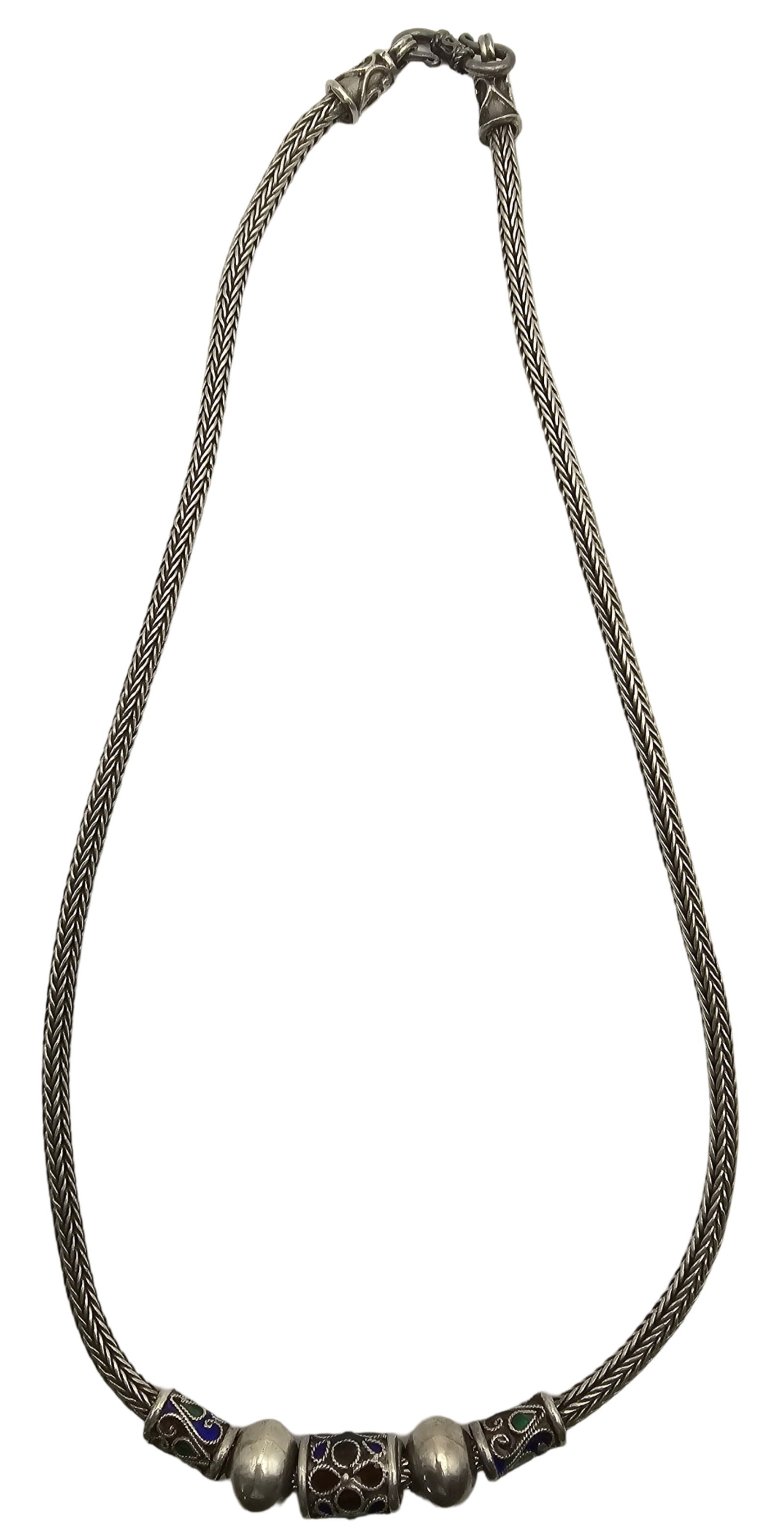 Unusual Vintage Sterling Silver Herringbone Chain Necklace /w Enameled Beads (1 of 3)