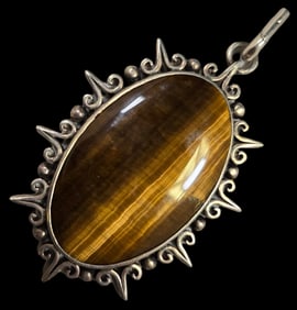 Stylish Vintage Mid-Century Modern Sterling Silver & Tiger's Eye Signed Designer Pendant