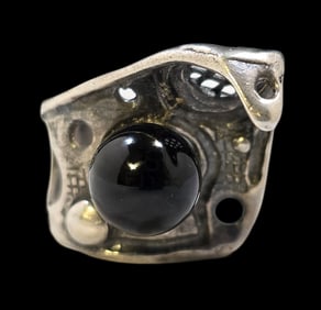 Very Unusual Mid-Century Modern Sterling Silver & Onyx Cocktail Ring