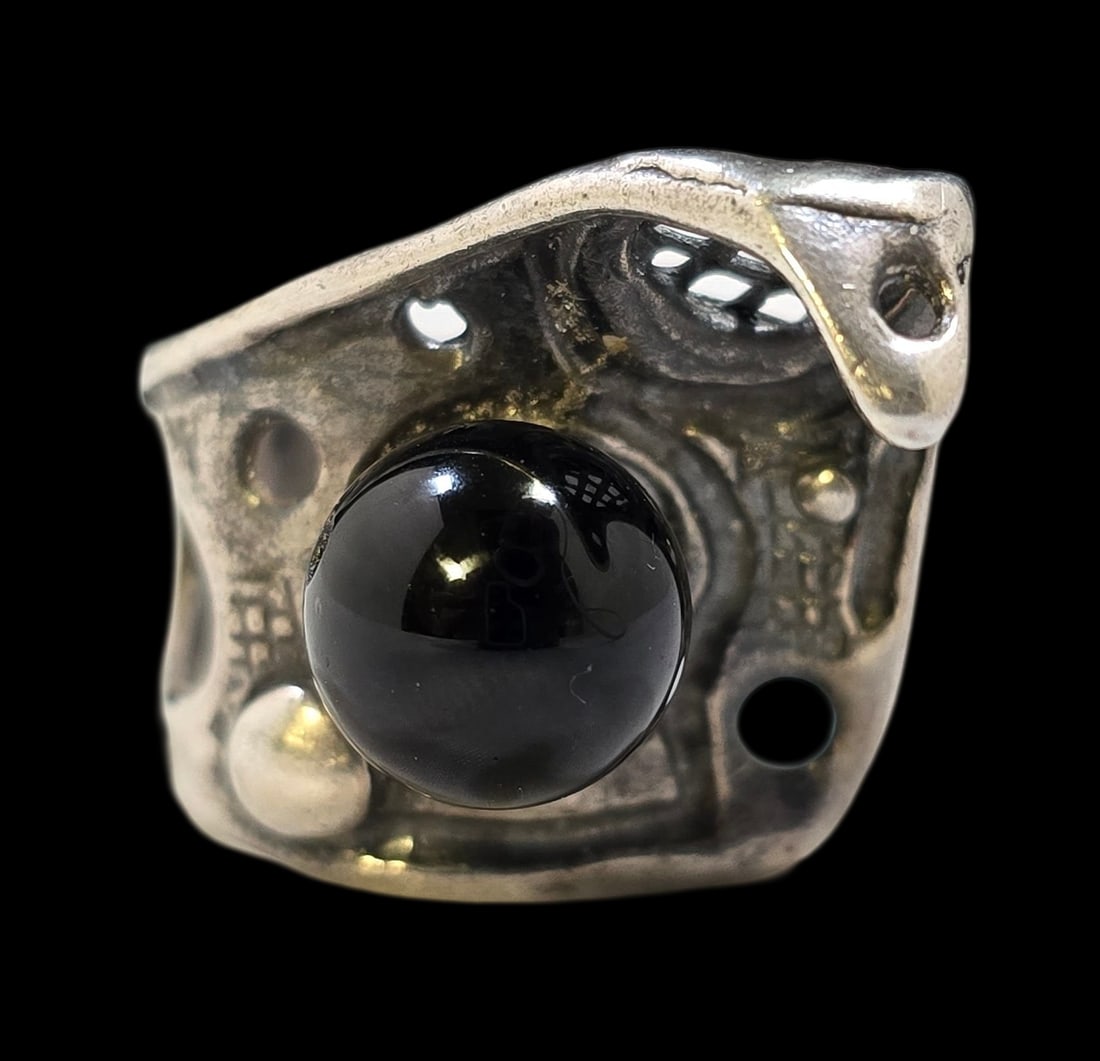 Very Unusual Mid-Century Modern Sterling Silver & Onyx Cocktail Ring (1 of 6)
