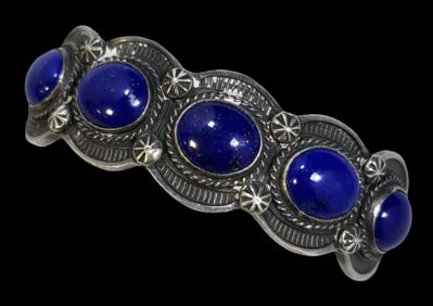 Vintage DAVID REEVES Native American Navajo Sterling Silver & Lapis Lazuli Bangle Bracelet