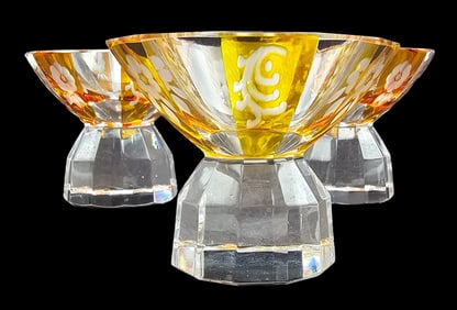 Set of 3 Antique Art Deco Bohemian Gold Cut Crystal Liquor / Shot Glasses