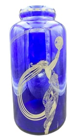 Vintage 1980s FRANKLIN MINT ERTE 'Fireflies" Blue Glass & Silver Metal Overlay Vase
