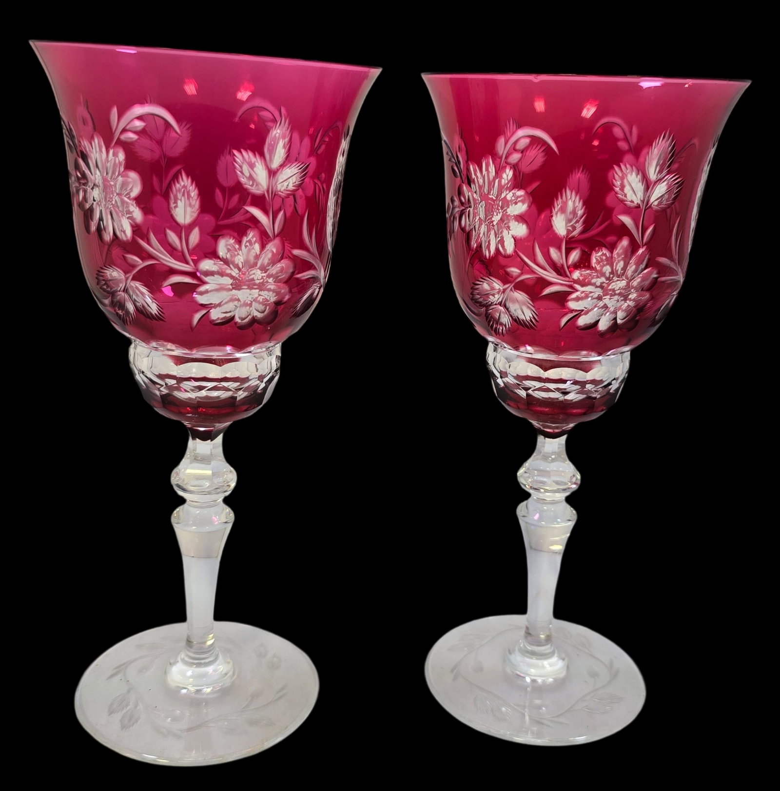 Pair of Vintage VAL SAINT LAMBERT Red Cut-to-Clear Crystal Owl Wine Glasses: Very good vintage condition; no chips, cracks, or repairs. Each measures approx. 8" high x 4" in diameter.
