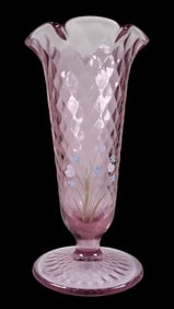 Vintage Hand Painted FENTON Pink Purple Diamond Pattern Art Glass Vase