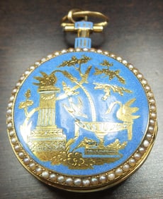 Antique 18th Century European 18K Gold, Pearl & Blue Enamel Ladies Verge Fusee Pocket Watch