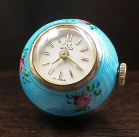 Beautiful Vintage LOTOS Sterling Silver & Blue Guilloche Enamel Ball Pendant Watch