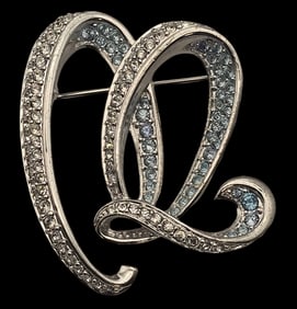 Vintage SWAROVSKI Crystal & Silver Metal Stylized Swan Heart Ribbon Brooch / Pin