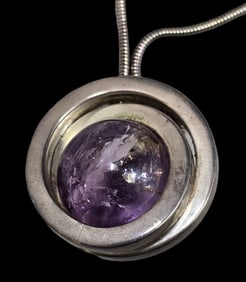 Stylish Vintage Mid-Century Modern Italian Sterling Silver & Amethyst Pendant Necklace