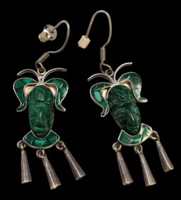 Unusual Vintage Mexican Sterling Silver & Green Gemstone Aztec Style Face Earrings