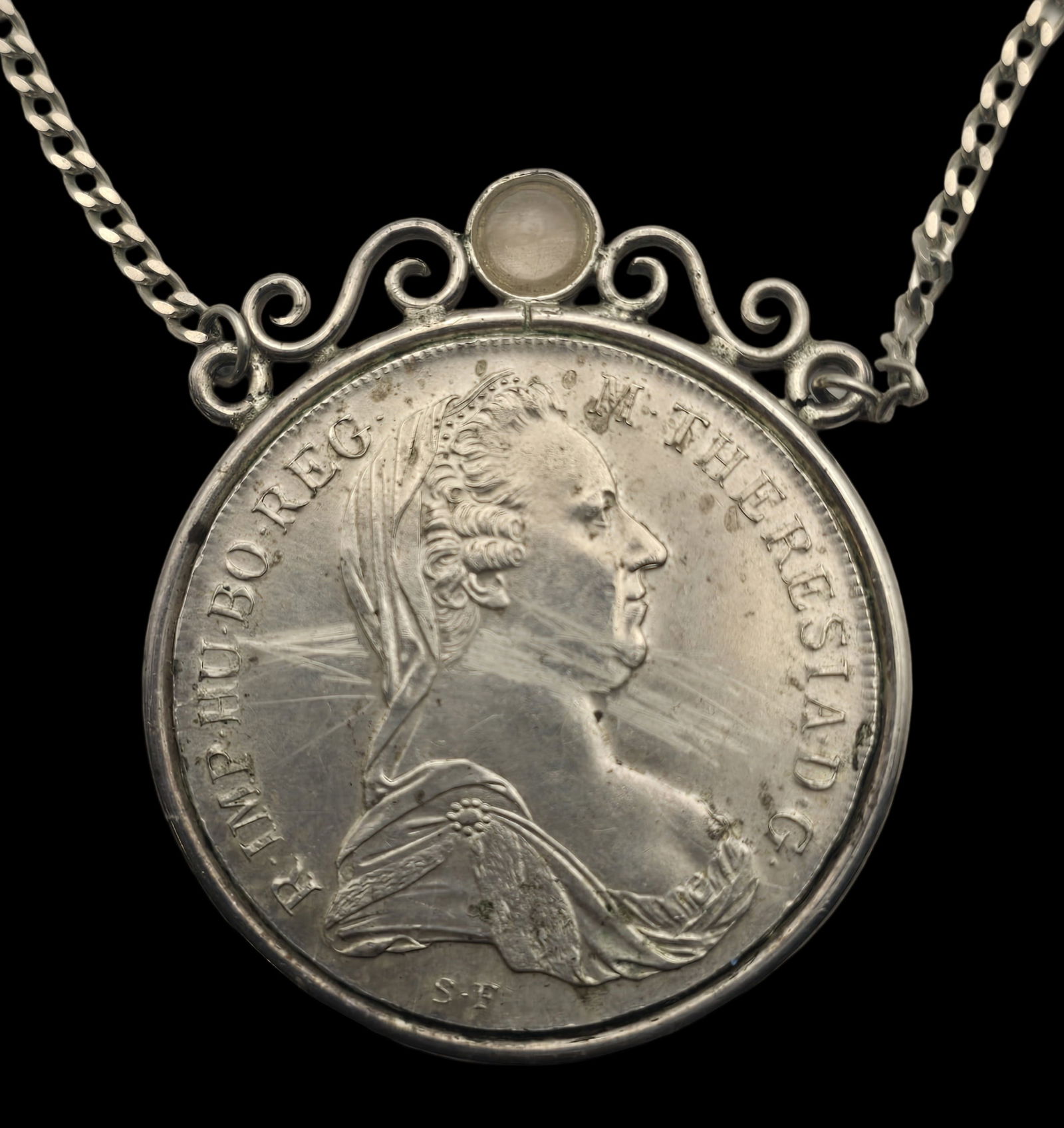 Vintage Austrian Maria Theresia Thaler Silver & Rose Quartz Pendant Necklace (1 of 4)