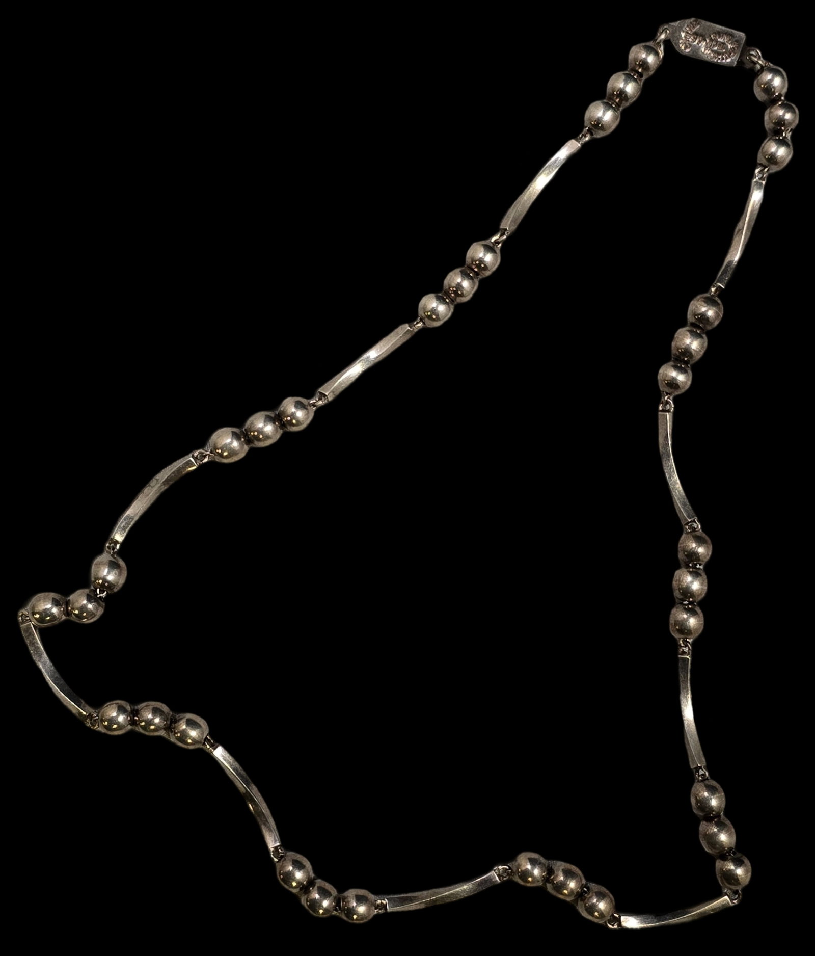 Vintage Mid-Century Modern TAXCO Mexico Sterling Silver Beaded Necklace: Beautiful piece in very good vintage condition with some patina according to age. Measures approx. 10" long and weighs ca. 42 grams. Marked.