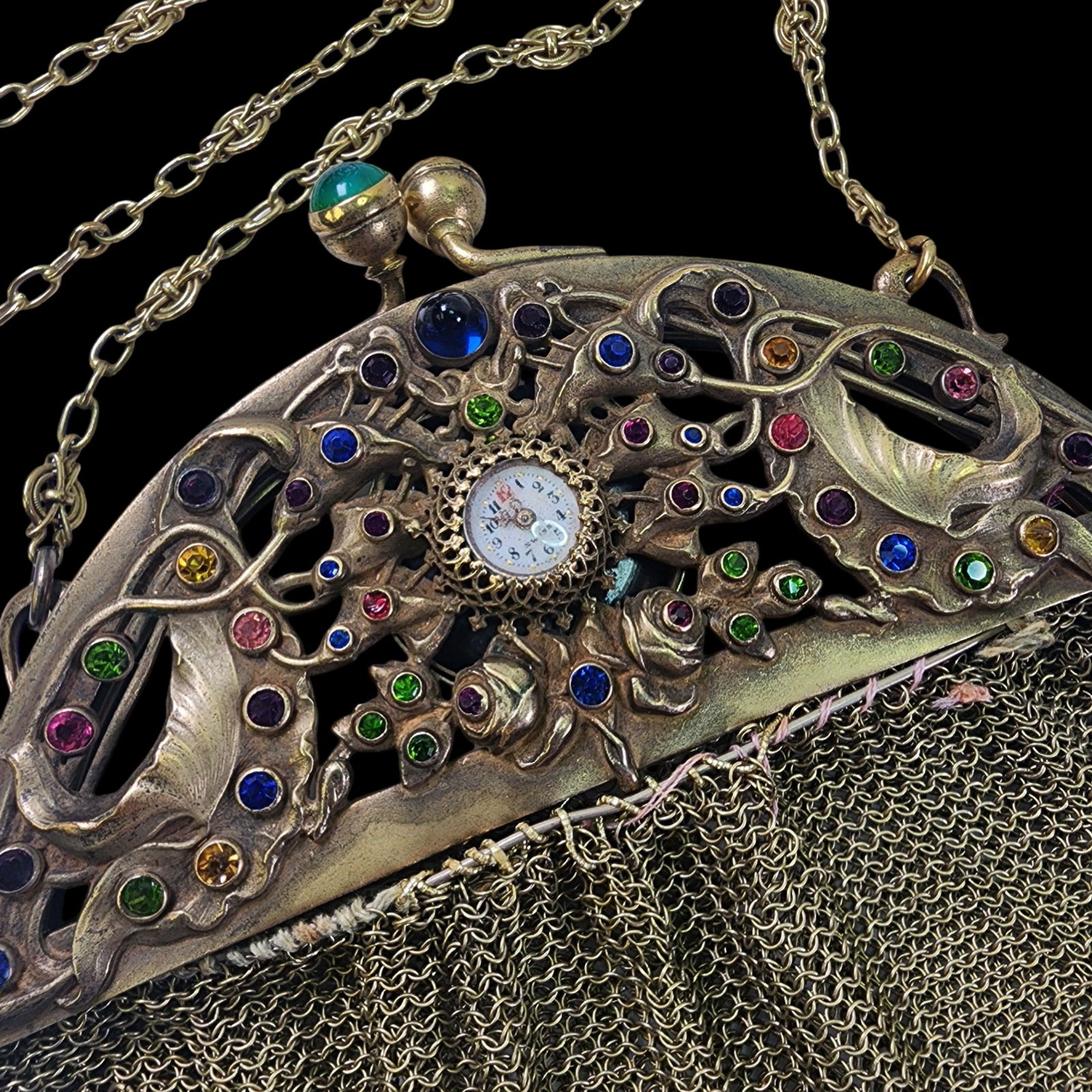 Very Rare Vintage Brass, Glass Stone & Pocket Watch Mesh Purse (1 of 14)