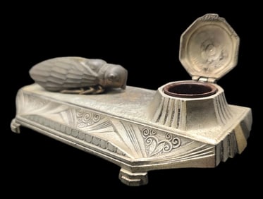 Vintage A. OUVET France Cast Metal Cicada Desk Inkwell