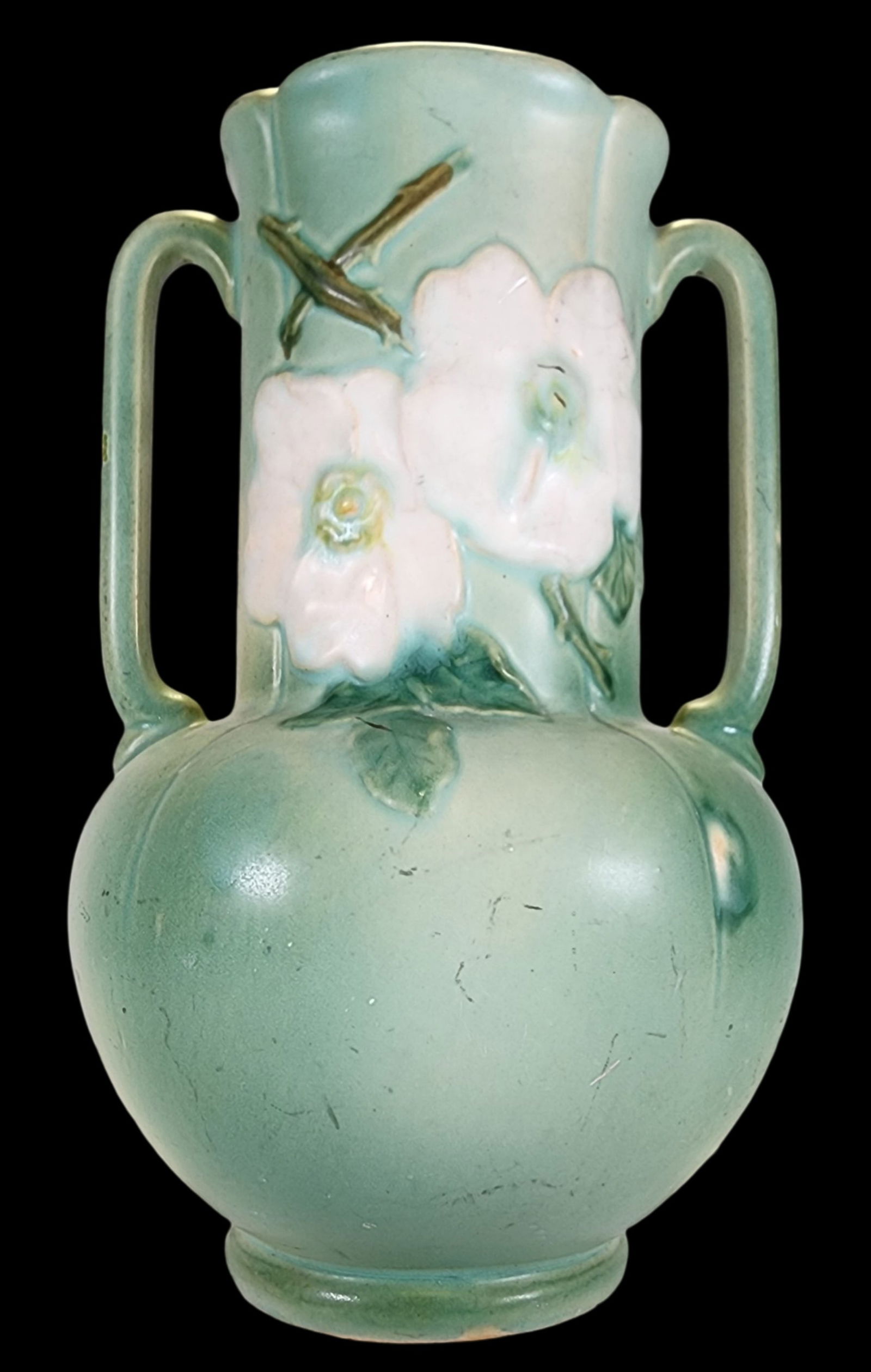Vintage WELLER Sea Green Ceramic Vase w/ Floral Pattern & Two Handles (1 of 7)