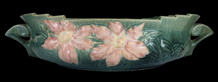 Vintage ROSEVILLE Green/Pink Ceramic "Clematis" Console Bowl / Planter