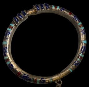 Unusual Vintage Sterling Silver & Enamel Cuff Bracelet /w Tassels