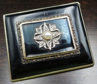 Antique 1840s 14K Gold, Diamond & Black Onyx & Pearl Mourning Brooch