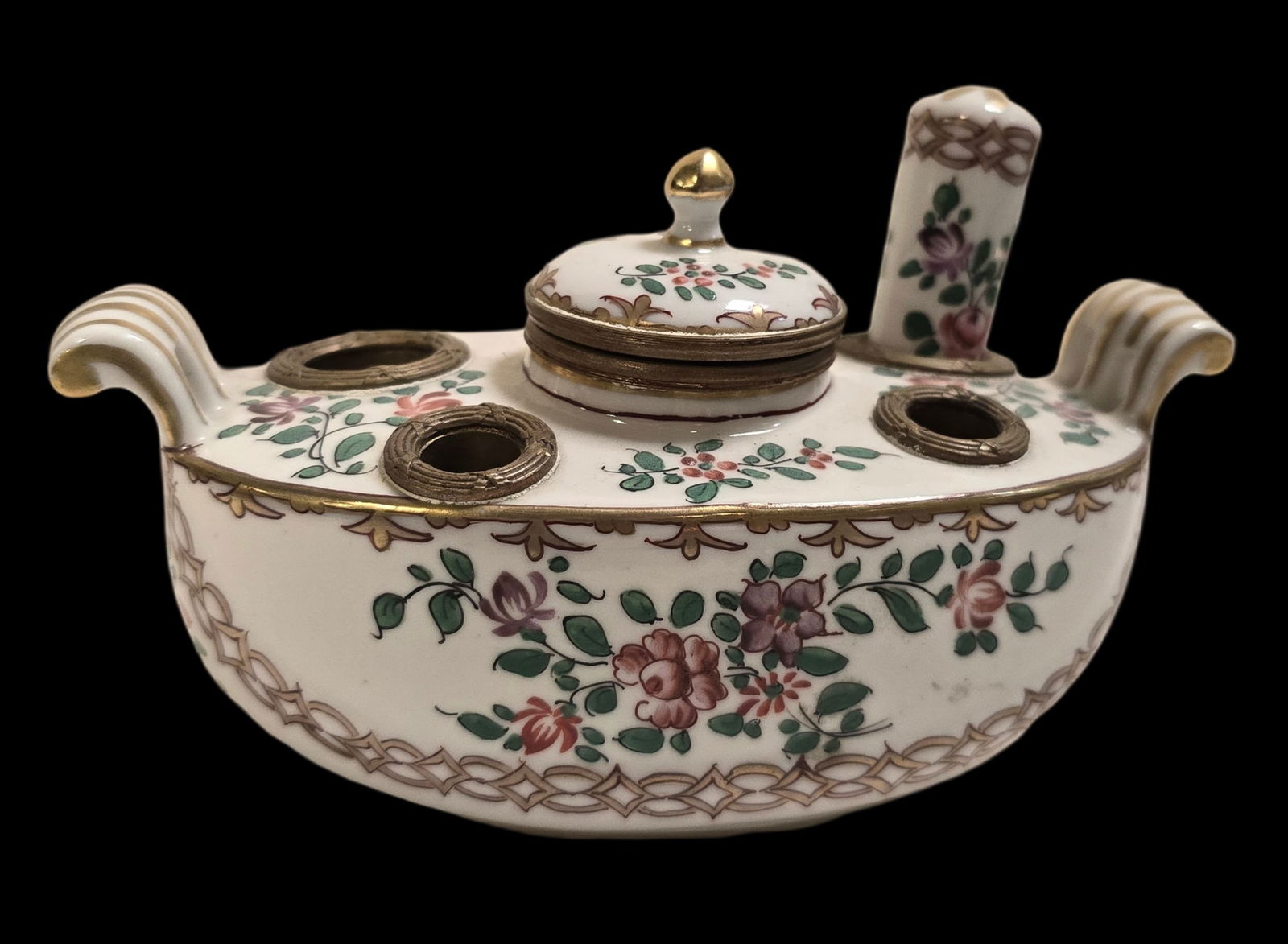 Antique Hand Painted Porcelain & Brass Inkwell: Very good antique condition; no chips, cracks, or repairs. Measures approx. 6" wide x 3" high.
