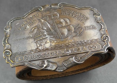 Vintage BERGAMOT BRASS WORKS Livingston Wells & CO Brass Belt Buckle w/ DISNEYLAND Leather Belt