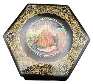 Vintage Handpainted Russian Hexagonal Lacquer Trinket Box