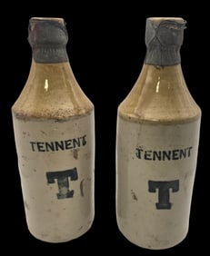 Vintage Antique 1917 1900s Pair of Ceramic Stoneware Stone Tennent Beer Bottles with stamp