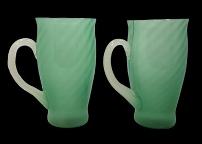 Pair of Vintage 1920s STEUBEN 6232 Green Jade & Alabaster Handle Spiral Rib Tumblers