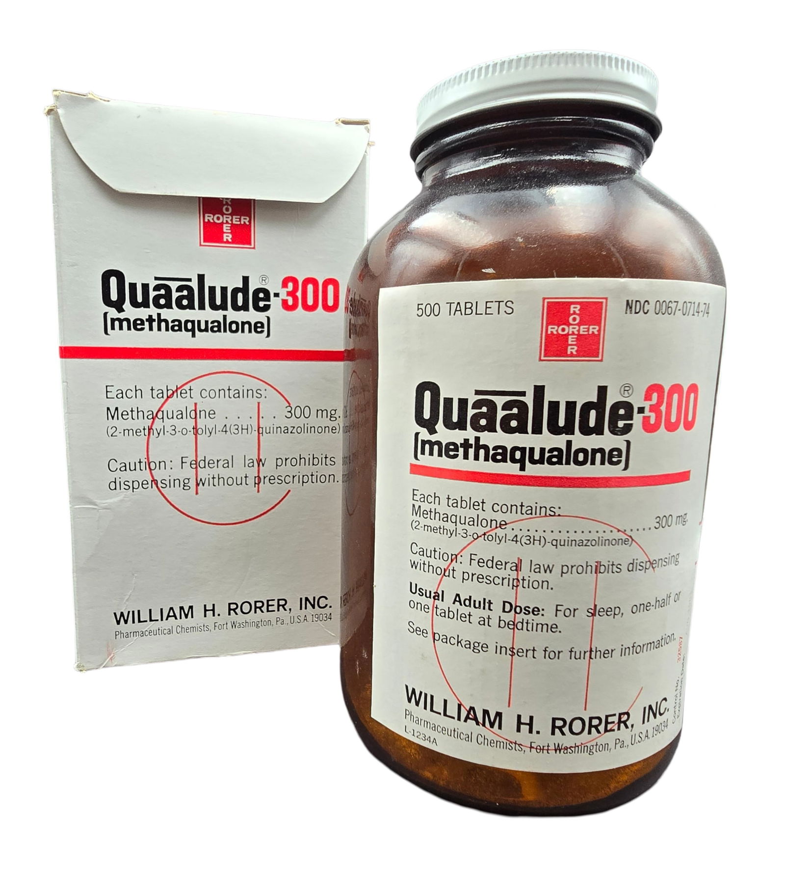 Rare Vintage 1980s RORER QUAALUDE 300 Medicine Bottle & Box - Empty (1 of 4)