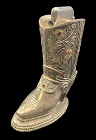 Rare Vintage ca. 1970s Heavy Metal & Red Gemstone Cowboy Boot Table Lighter