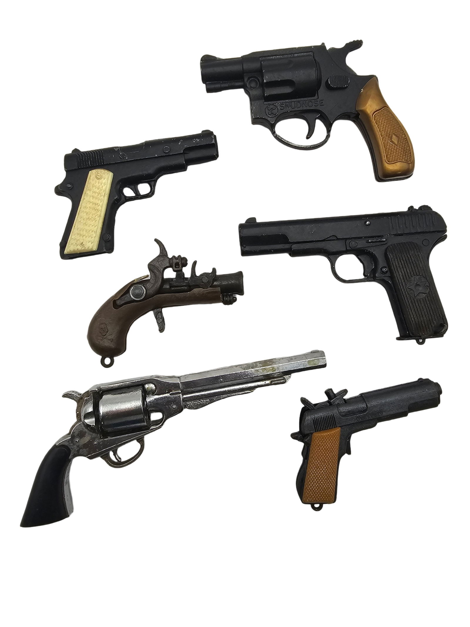 Lot of 6 Vintage Cap / Toy Guns: Each measures approx 3" wide and weighs between 30 to 70 grams.