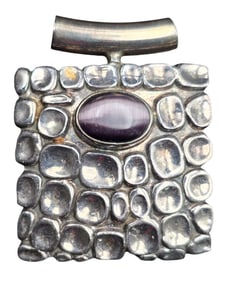 Vintage ca. 1970s Brutalist Sterling Silver & Purple Glass Stone Pendant