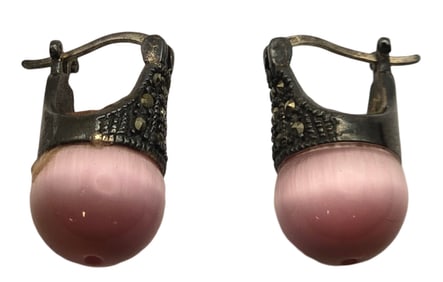 Pair of Vintage Sterling Silver, Marcasite & Pink Pearl Earrings