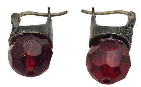 Pair of Vintage Sterling Silver, Marcasite & Red Glass Stone Earrings