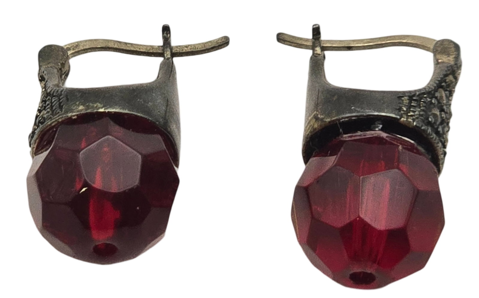 Pair of Vintage Sterling Silver, Marcasite & Red Glass Stone Earrings: Very good vintage condition with some wear and patina according to age. Each measures approx. 3/4" and weighs ca. 4.05 grams. Marked for Sterling Silver. SHIPPING: We ship in-house and charge a flat f