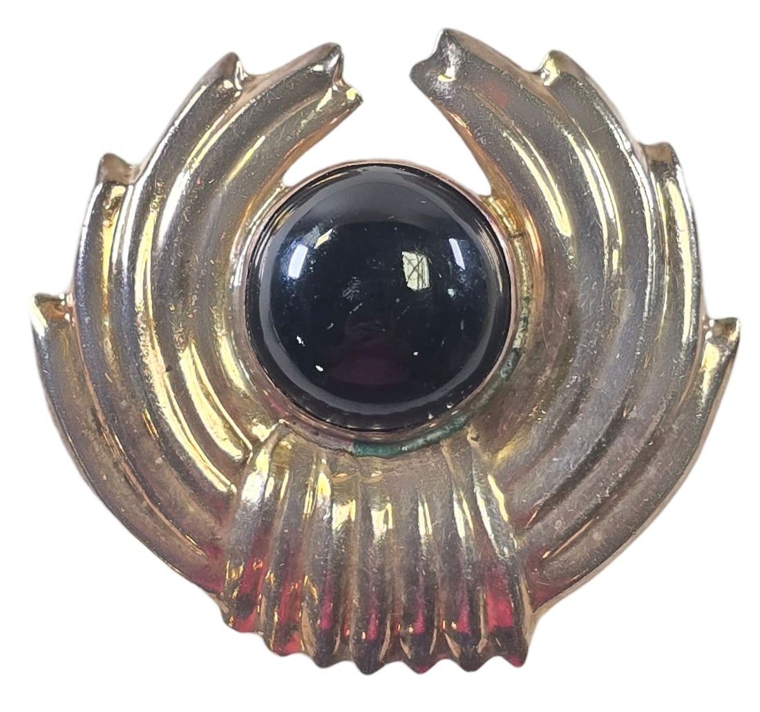 Large Vintage Mid-Century Taxco Mexico Sterling Silver & Black Onyx Brooch: Measures approx. 2" long and weighs ca. 13.3 grams. Very good vintage condition with minor patina according to age. SHIPPING: We ship in-house and charge a flat fee of $12 for any order of 6 small ite