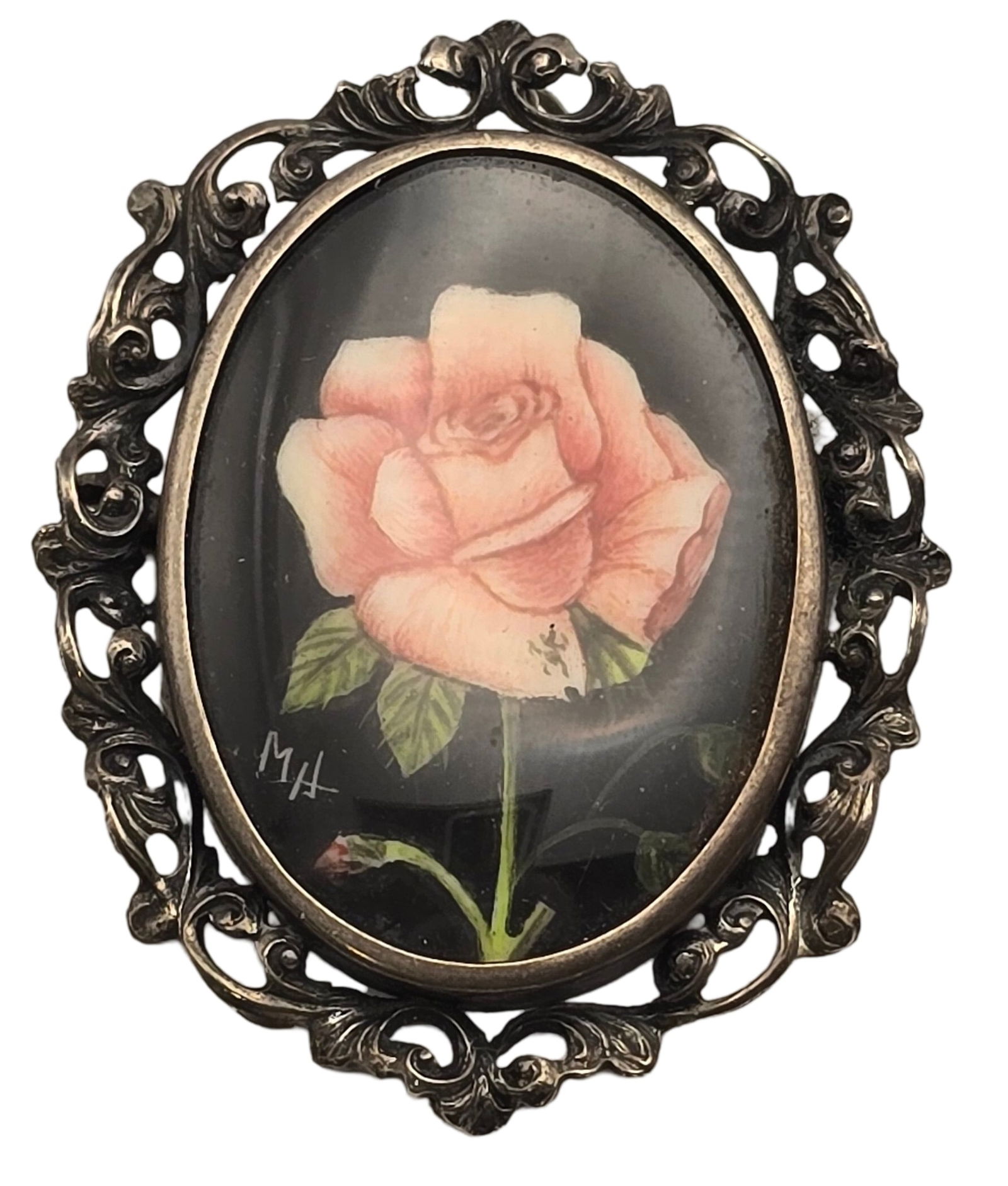 Antique European 800 Silver & Hand Painted Porcelain Medallion Pendant / Brooch /w Rose Design (1 of 5)