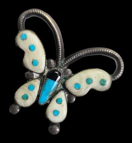 Vintage Native American Zuni Sterling Silver & Inlaid Gemstones Butterfly Pin