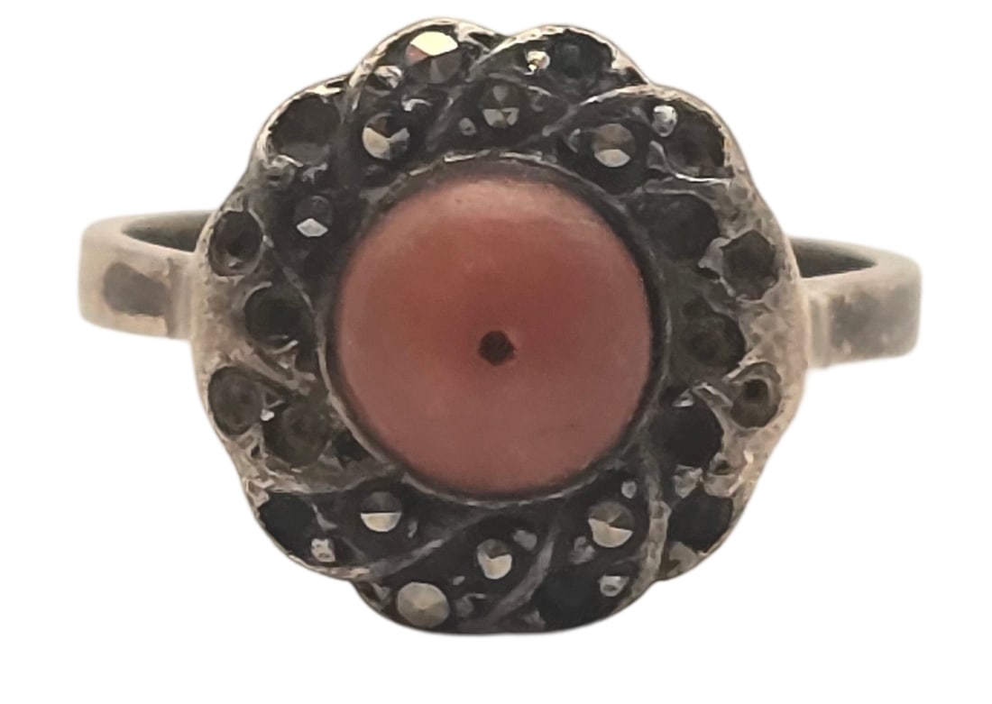 Unusual Antique Oriental Silver, Marcasite and Coral Bead Ring: The ring is a size 5 1/2 and weighs ca. 3.4 grams. Good vintage condition with patina according to age. Some marcasites appear to be missing. Tested for a minimum of 800 (80%) silver. SHIPPING: We shi