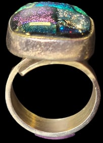 Unusual Vintage Mexican Sterling Silver & Dichroic Glass Adjustable Ring