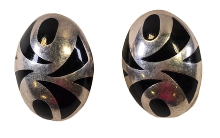 Pair of Vintage Mexican Sterling Silver & Black Enamel Clip Earrings