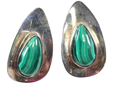 Pair of Vintage Sterling Silver & Malachite Teadrop Earrings