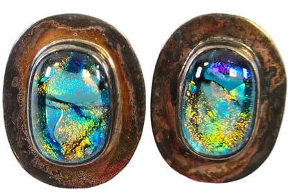 Pair of Vintage Sterling Silver & Dichroic Glass Earrings