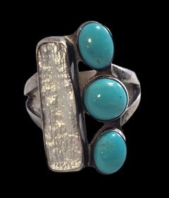 Very Unusual Vintage Sterling Silver, Pearl & Turquoise Enamel Designer Ring