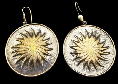 Very Unusual Vintage Gilt Sterling Silver Designer Sunburst Earrings